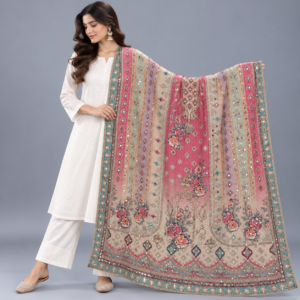 Printed Mirror Work Dupatta - Dusty Rose Pink