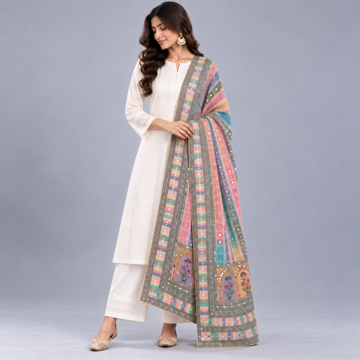 Printed Mirror Work Dupatta - Pastel Multicolour - Image 3