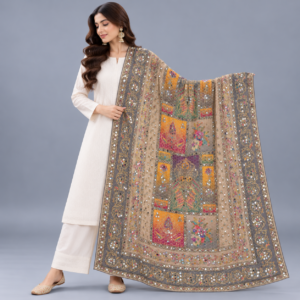 Printed Mirror Work Dupatta - Dusty Grey Beige
