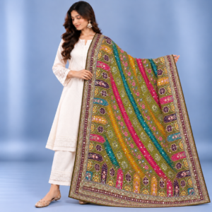 Printed Mirror Work Dupatta - Multicolour – Olive Green with Teal, Magenta, Mustard Yellow