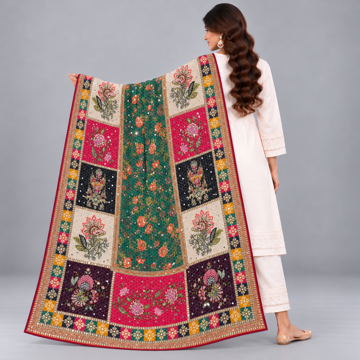 Printed Mirror Work Dupatta - Multicolour - Emerald Green, Fuchsia Pink, Cream, Black - Image 2