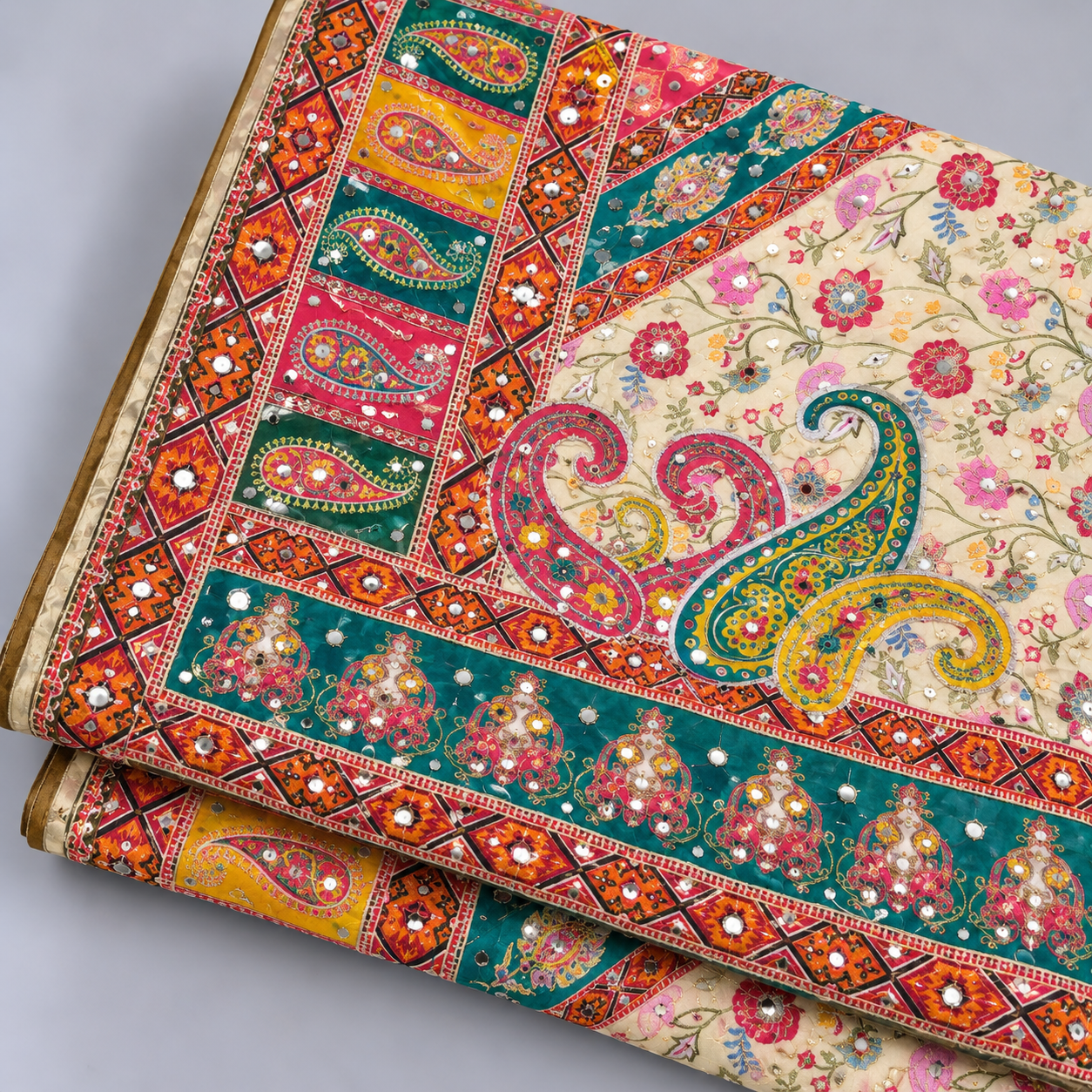Printed Mirror Work Dupatta - Multicolour - Ivory/Cream base with Teal, Magenta, Pink - Image 4