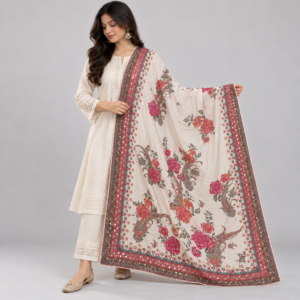 Printed Mirror Work Dupatta - Ivory with Multicolour Floral Print