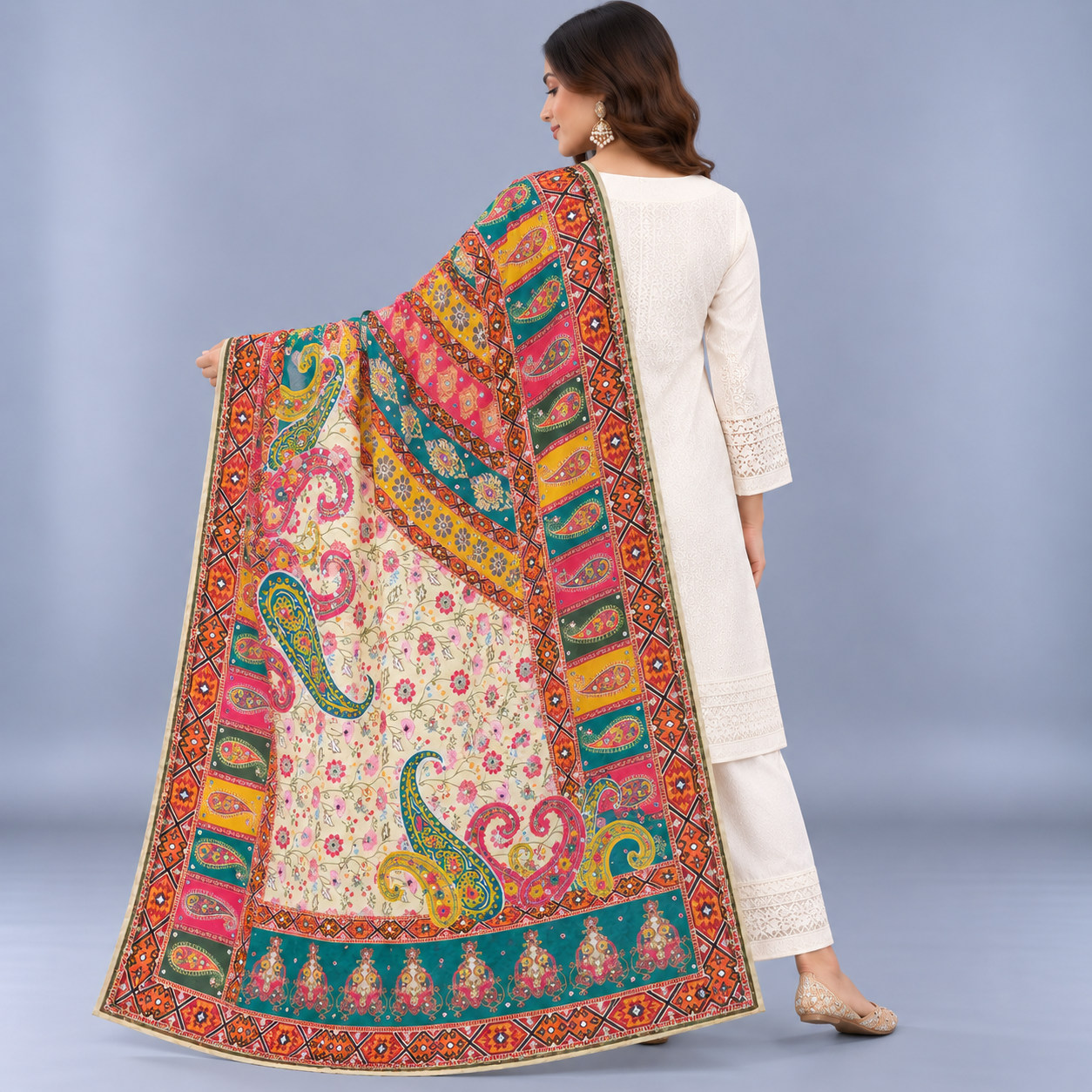 Printed Mirror Work Dupatta - Multicolour - Ivory/Cream base with Teal, Magenta, Pink - Image 2