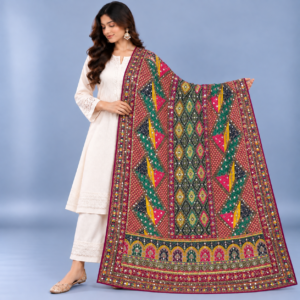 Printed Mirror Work Dupatta - Multicolour - Magenta, Emerald Green, Mustard Yellow,