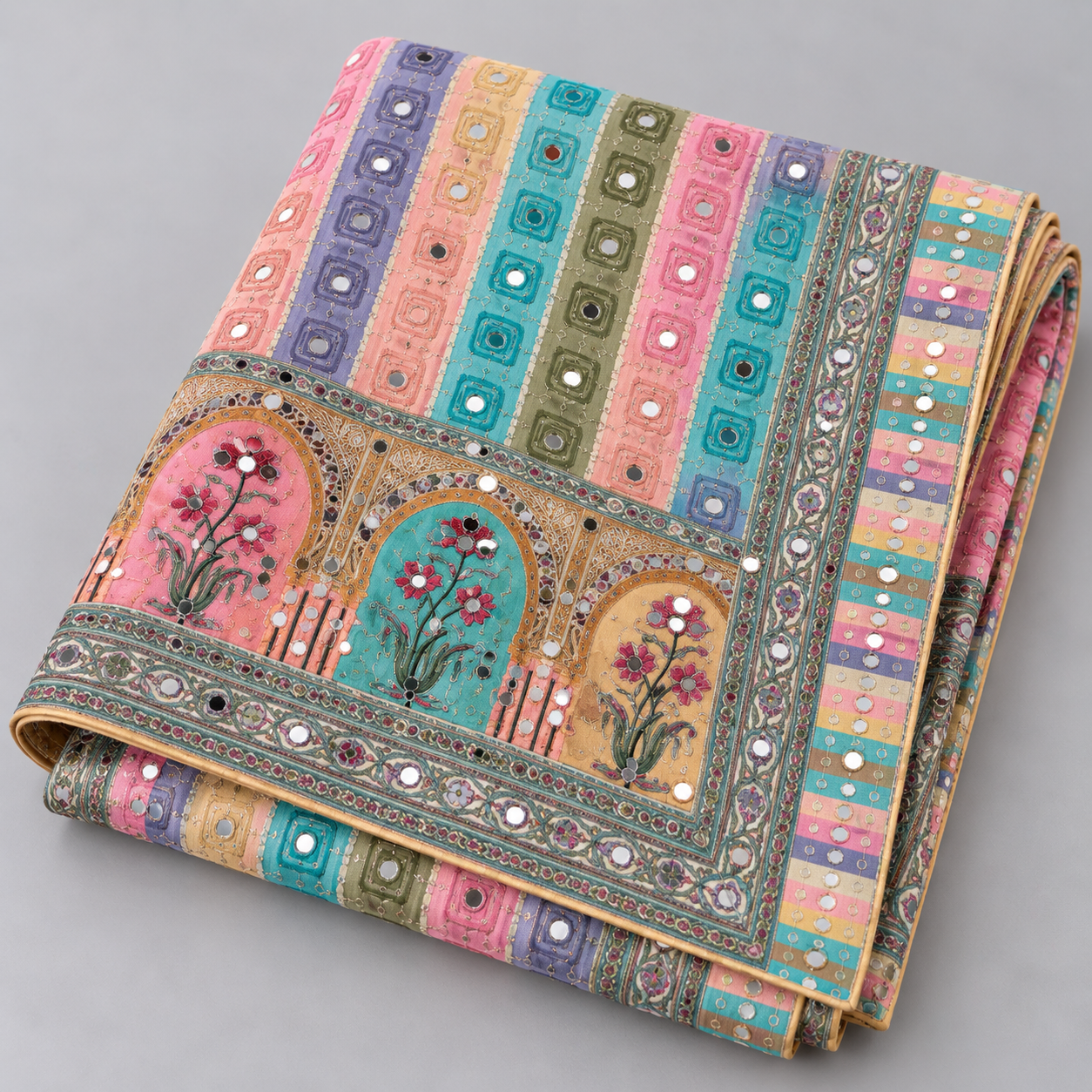 Printed Mirror Work Dupatta - Pastel Multicolour - Image 4