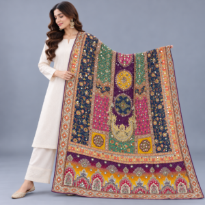 Printed Mirror Work Dupatta - Multicolour Navy Blue, Purple, Magenta