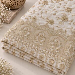 Ivory Gold Floral Sequin Embroidered Georgette Fabric - 54 INCH WIDTH