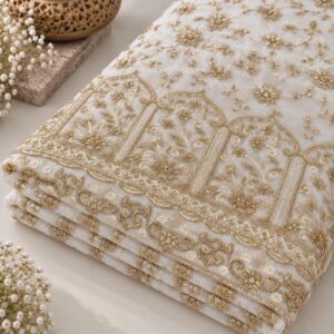 Ivory Gold Floral Sequin Embroidered Georgette Fabric – Ornate Border - 54 INCH WIDTH