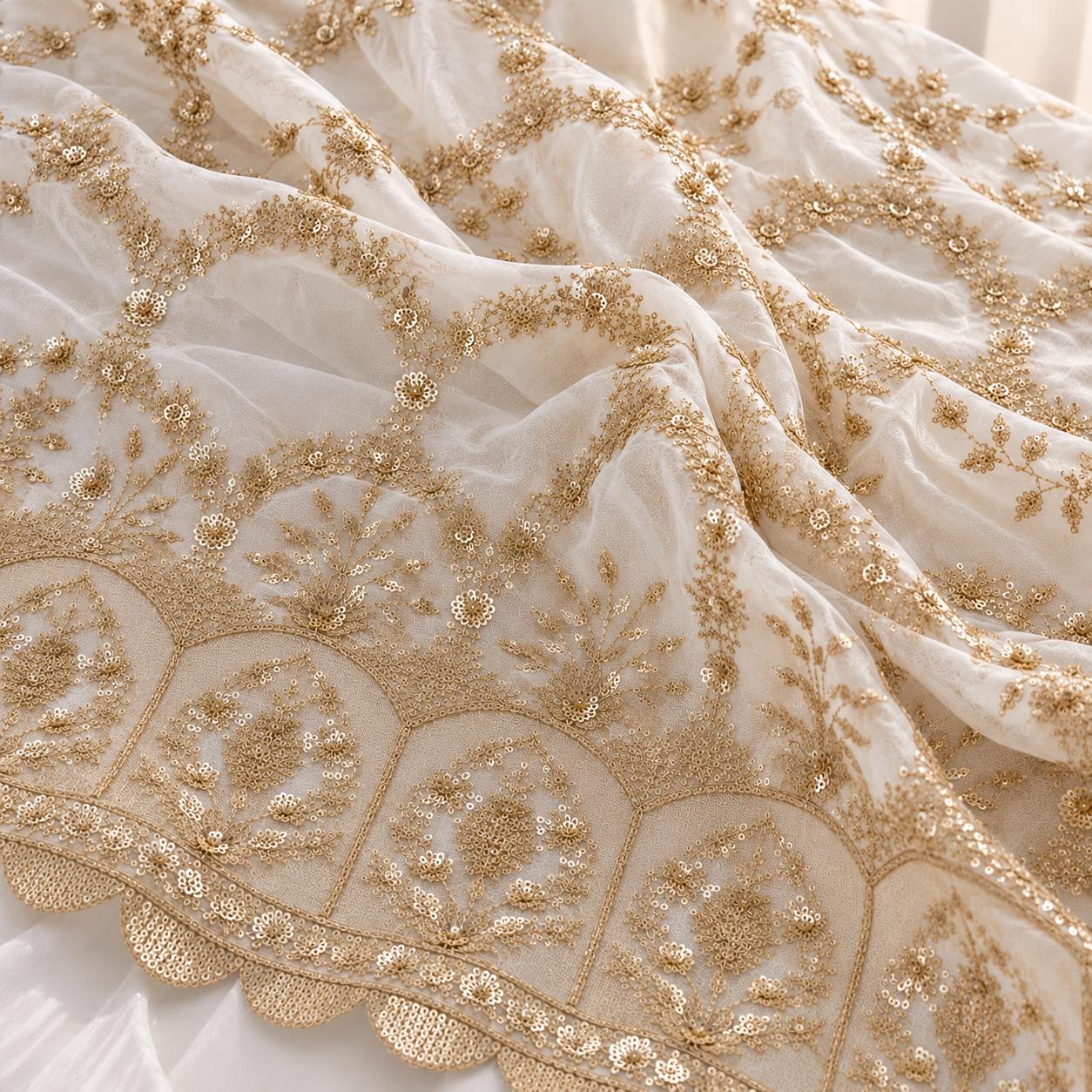 Ivory Gold Floral Sequin Embroidered Georgette Fabric with Scalloped Border - 54 INCH WIDTH - Image 2