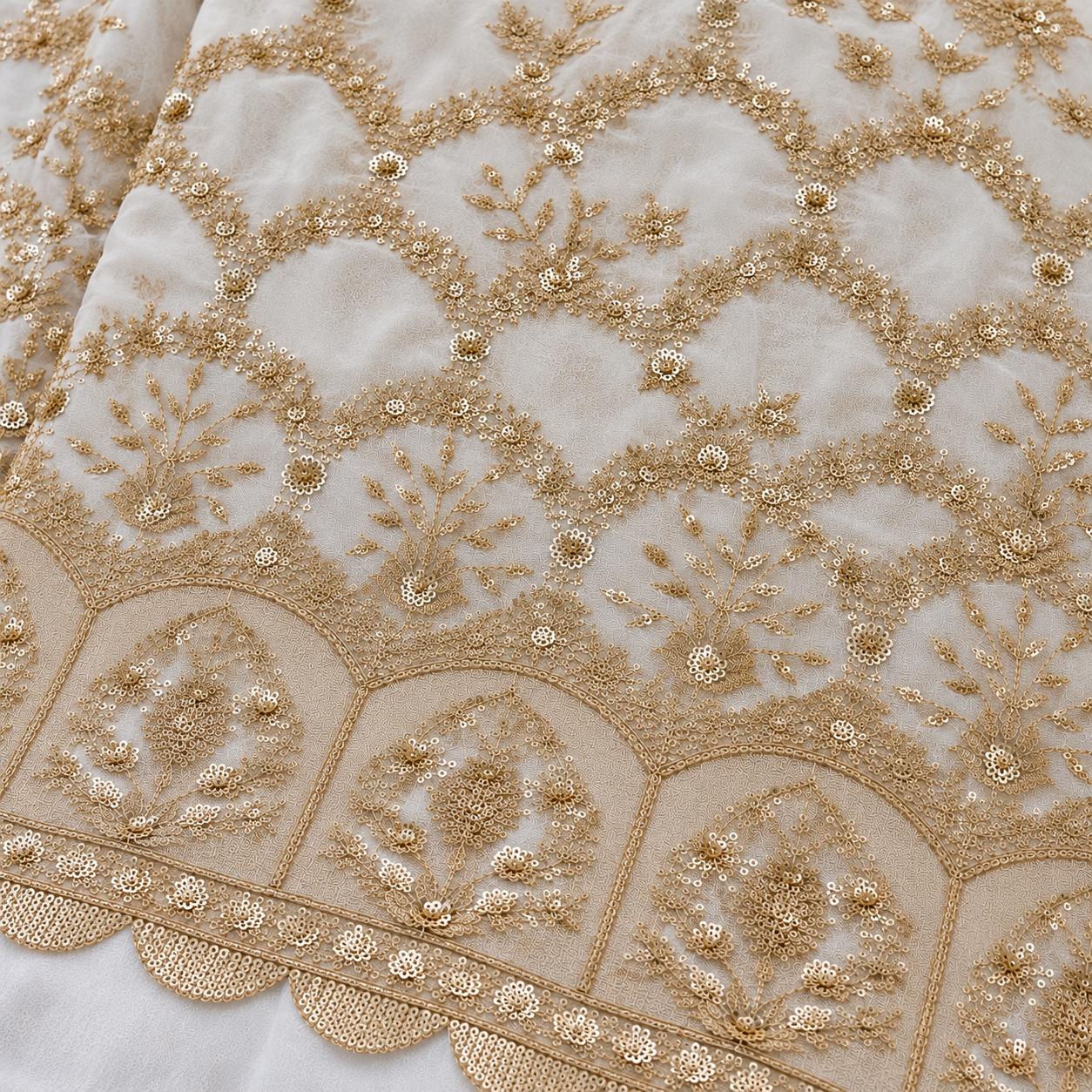 Ivory Gold Floral Sequin Embroidered Georgette Fabric with Scalloped Border - 54 INCH WIDTH - Image 3