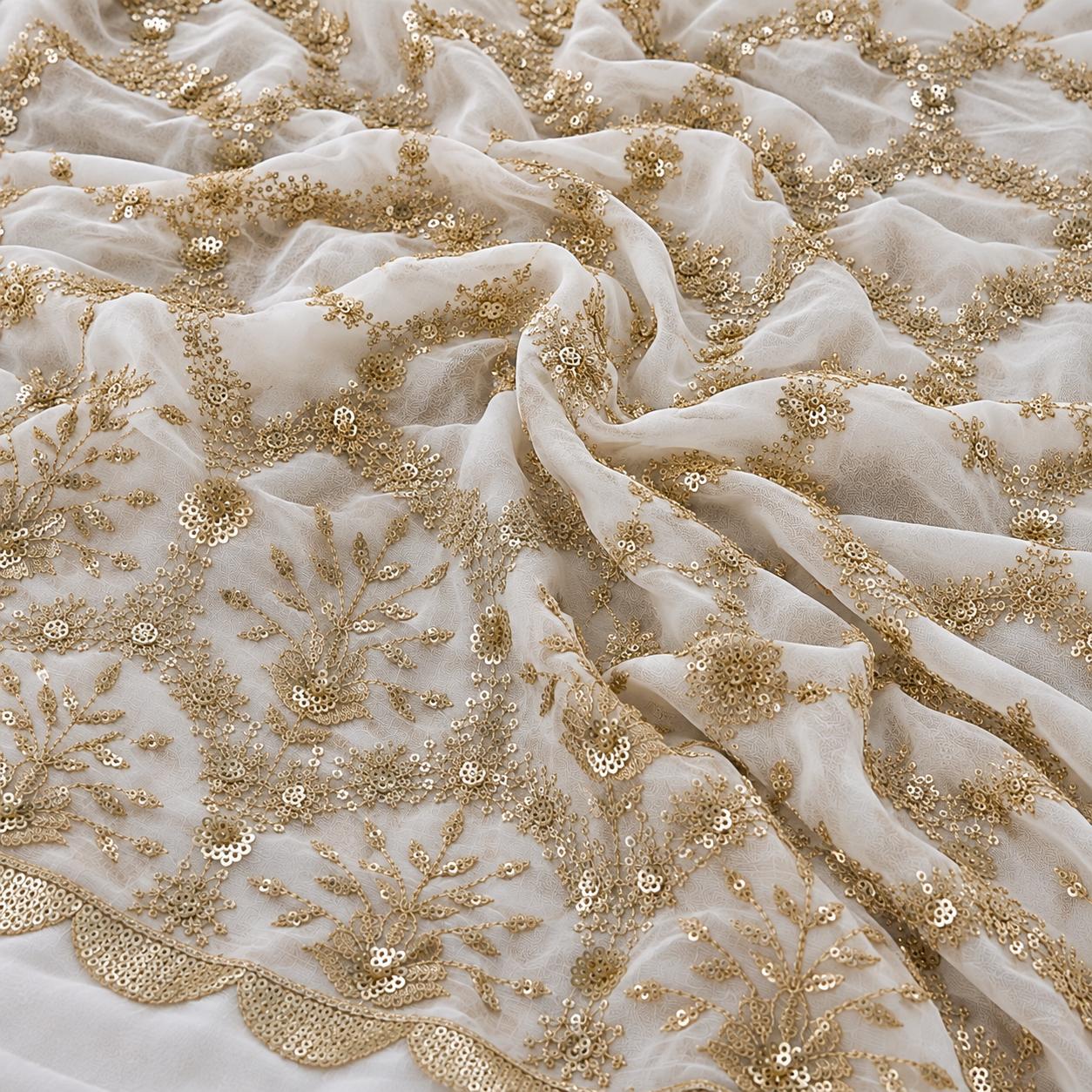 Ivory Gold Floral Embroidered Georgette Fabric with Sequin Scalloped Border - 54 INCH WIDTH - Image 2