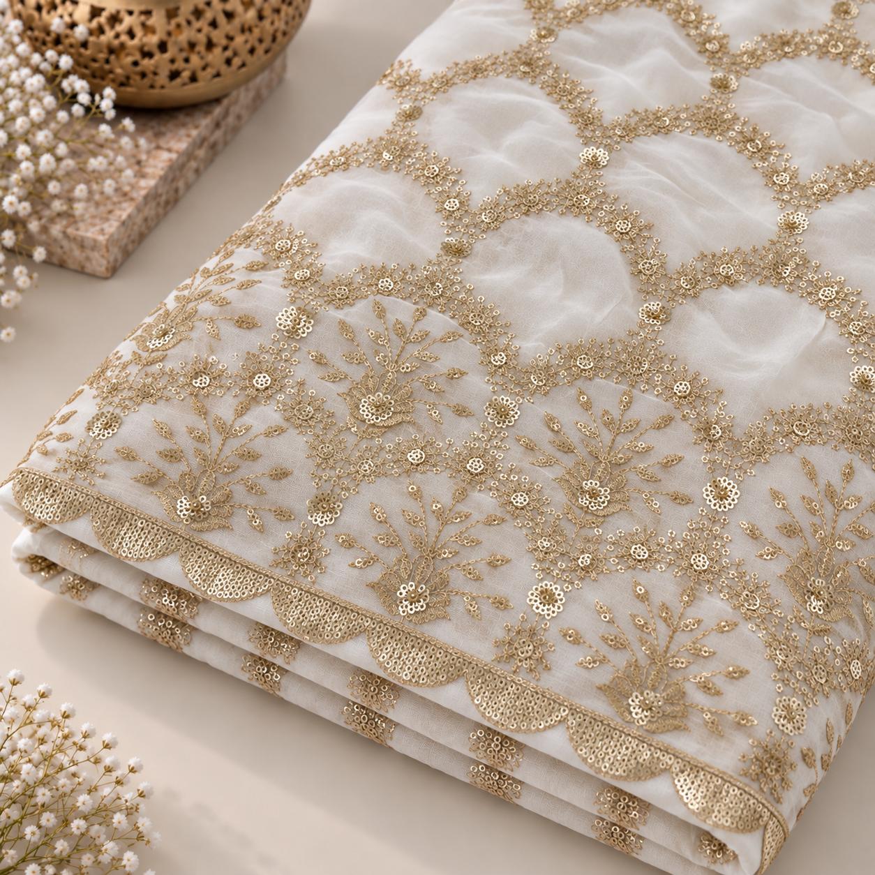 Ivory Gold Floral Embroidered Georgette Fabric with Sequin Scalloped Border - 54 INCH WIDTH