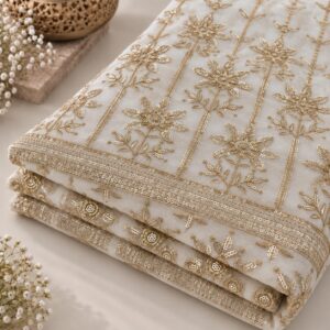 Ivory Gold Floral Embroidered Georgette Fabric with Sequin Border - 54 INCH WIDTH