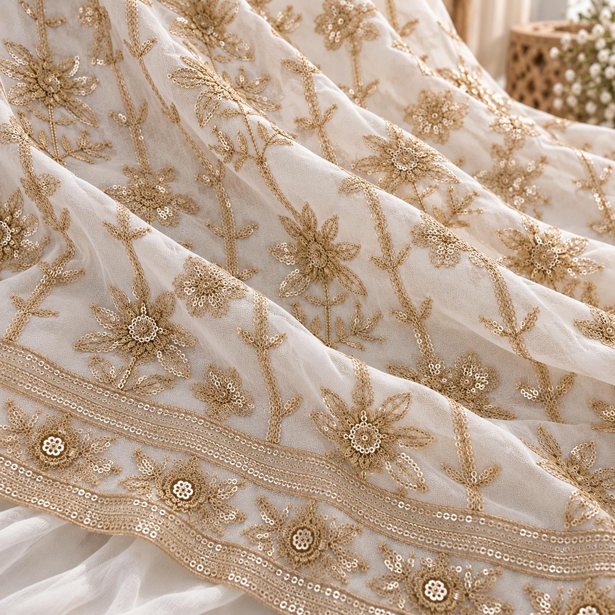 Ivory Gold Floral Sequin Embroidered Georgette Fabric with Layered Border - 54 INCH WIDTH - Image 2