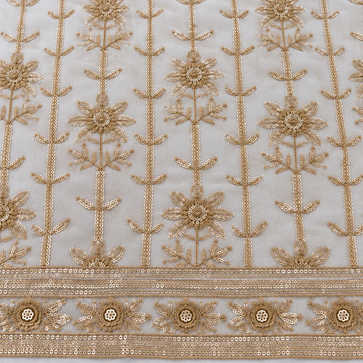 Ivory Gold Floral Sequin Embroidered Georgette Fabric with Layered Border - 54 INCH WIDTH - Image 3