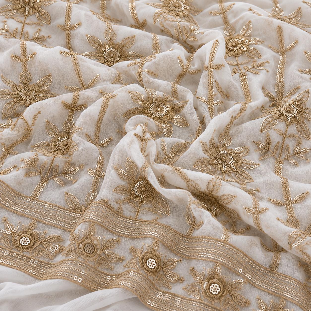 Ivory Gold Floral Sequin Embroidered Georgette Fabric with Layered Border - 54 INCH WIDTH - Image 4