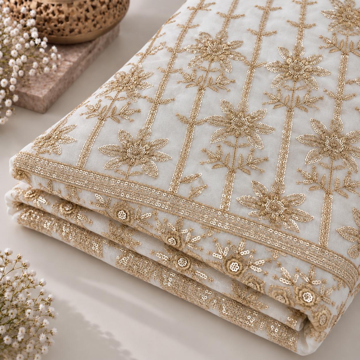 Ivory Gold Floral Sequin Embroidered Georgette Fabric with Layered Border - 54 INCH WIDTH