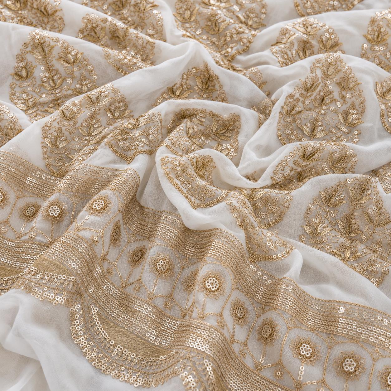 Ivory Gold Paisley Floral Sequin Embroidered Georgette Fabric with Designer Border - 54 INCH WIDTH - Image 2
