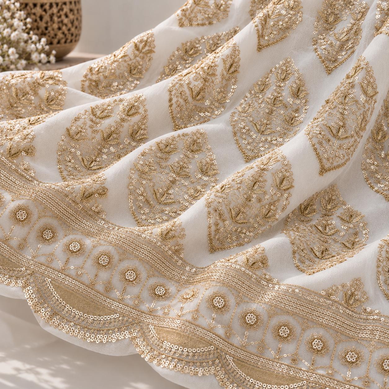 Ivory Gold Paisley Floral Sequin Embroidered Georgette Fabric with Designer Border - 54 INCH WIDTH - Image 3