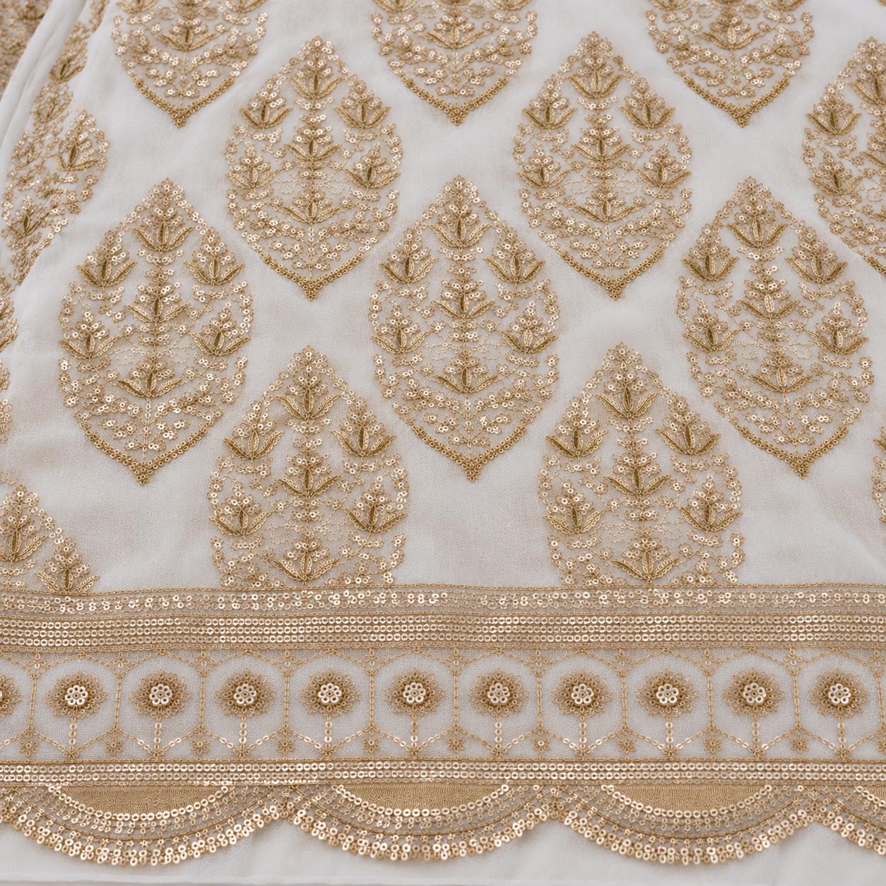 Ivory Gold Paisley Floral Sequin Embroidered Georgette Fabric with Designer Border - 54 INCH WIDTH - Image 4