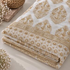 Ivory Gold Paisley Floral Sequin Embroidered Georgette Fabric with Designer Border - 54 INCH WIDTH