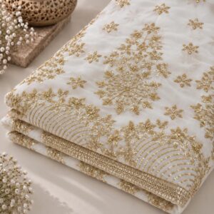 Ivory Gold Floral Sequin Embroidered Georgette Fabric with Radiant Border - 54 INCH WIDTH