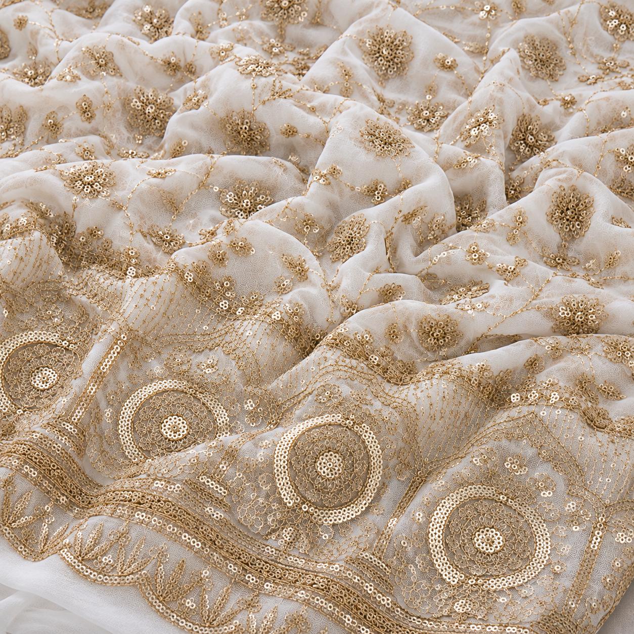Ivory Gold Floral Sequin Embroidered Net Fabric with Ornate Circular Border - 54 INCH WIDTH - Image 2