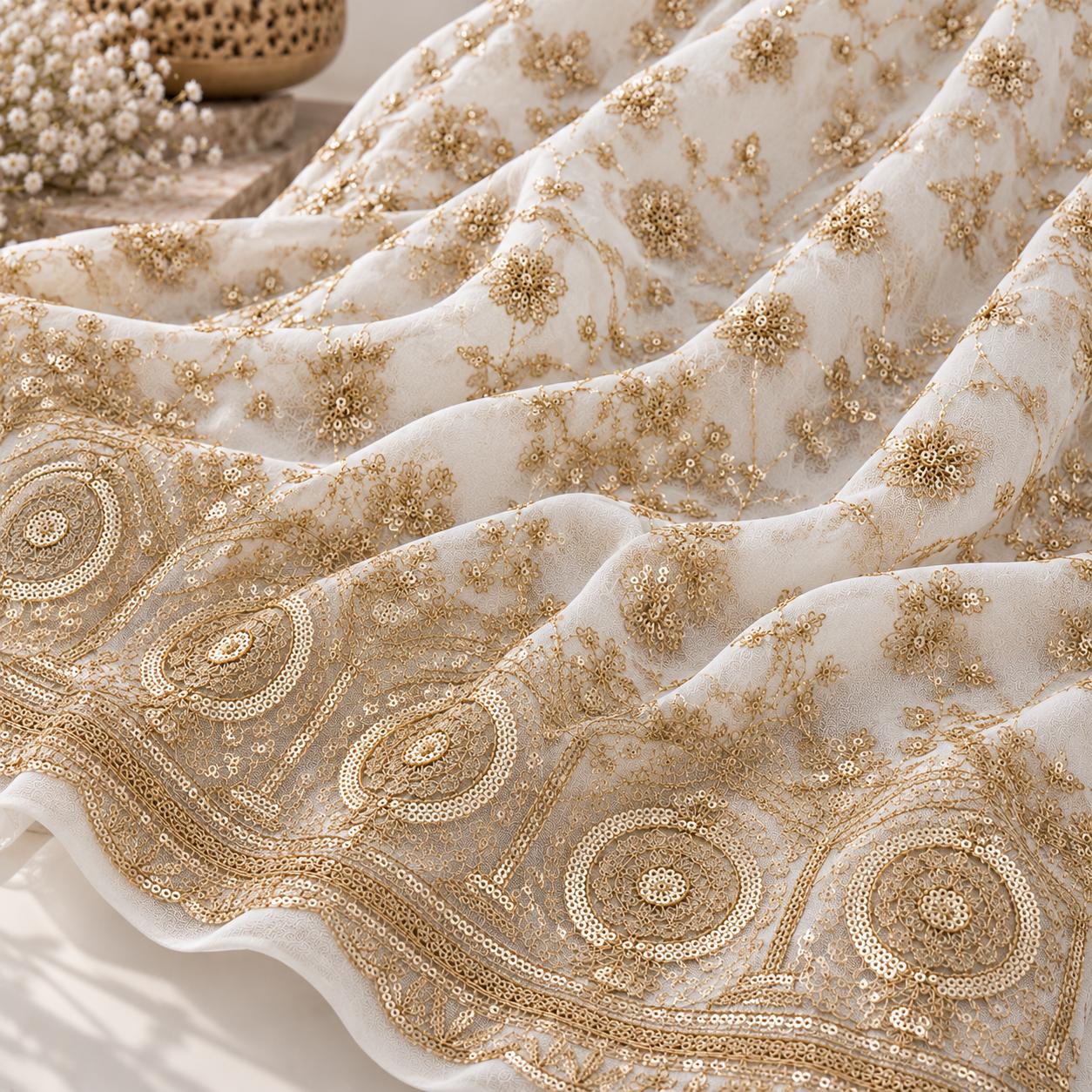 Ivory Gold Floral Sequin Embroidered Net Fabric with Ornate Circular Border - 54 INCH WIDTH - Image 3
