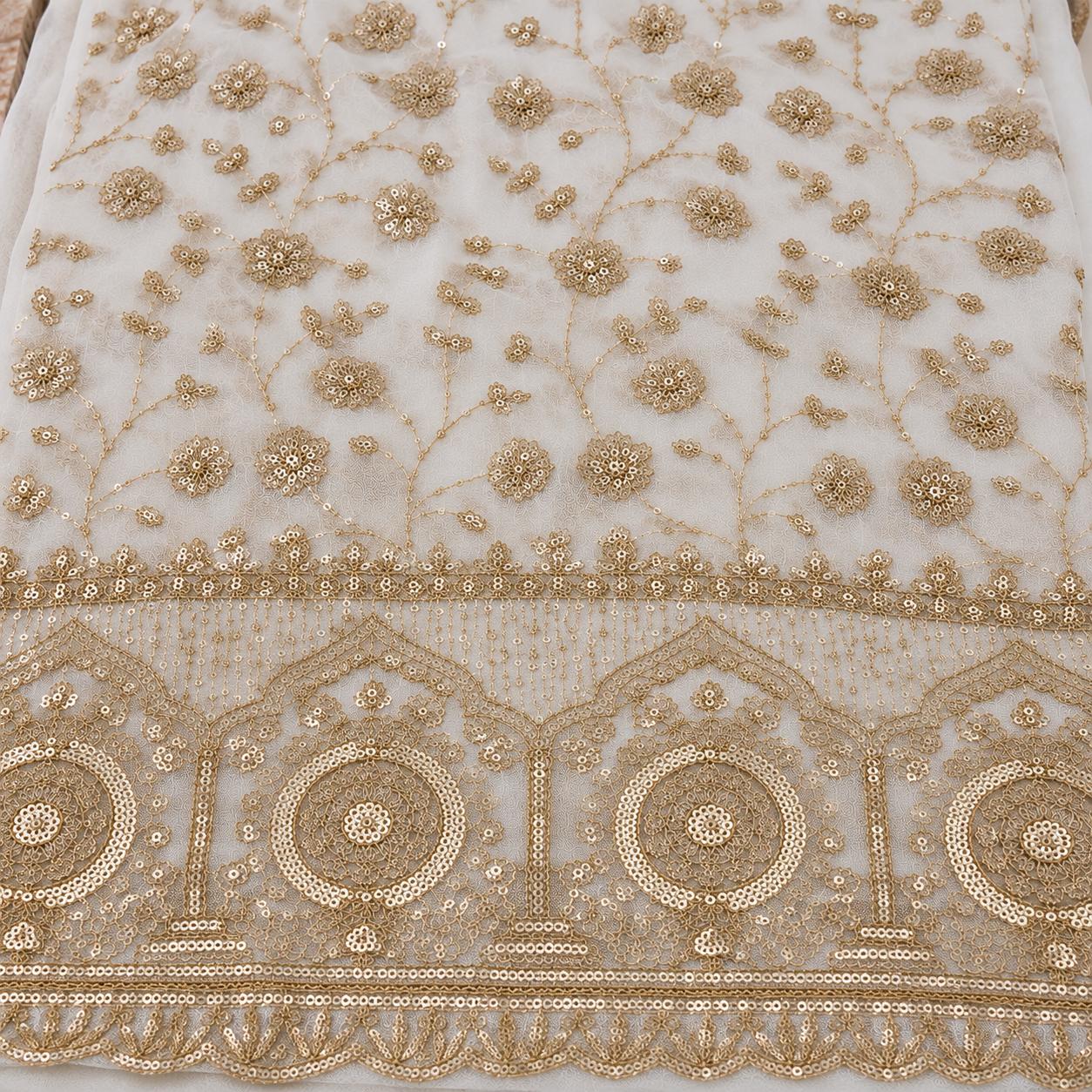 Ivory Gold Floral Sequin Embroidered Net Fabric with Ornate Circular Border - 54 INCH WIDTH - Image 4