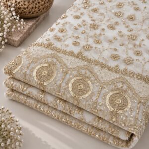 Ivory Gold Floral Sequin Embroidered Net Fabric with Ornate Circular Border - 54 INCH WIDTH