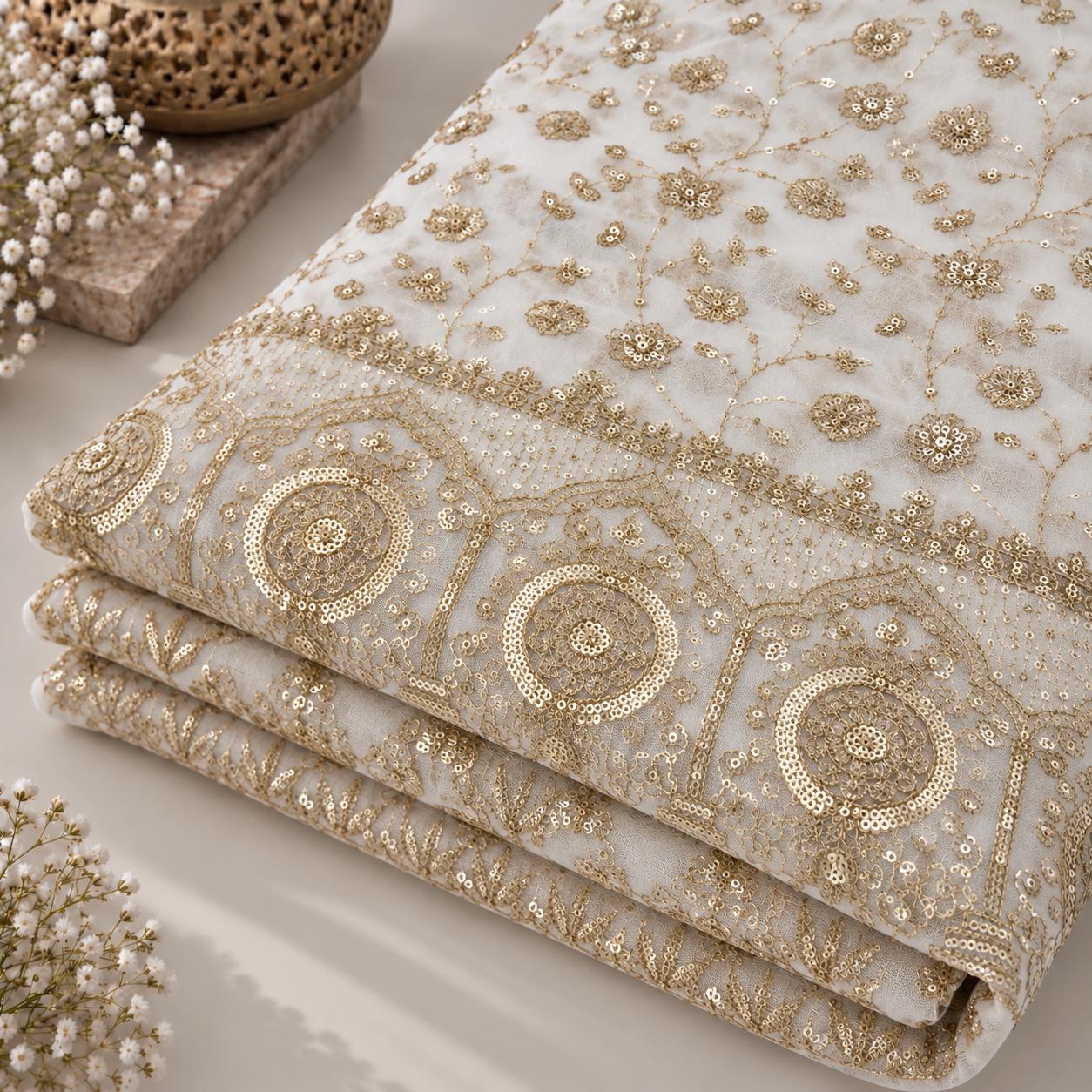 Ivory Gold Floral Sequin Embroidered Net Fabric with Ornate Circular Border - 54 INCH WIDTH