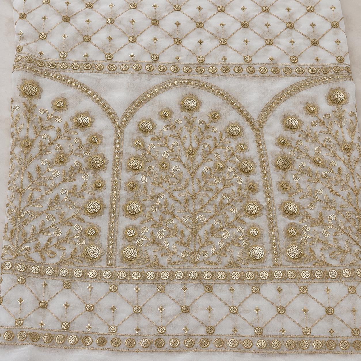 Ivory Gold Floral Embroidered Net Fabric with Arch Motif Border - 54 INCH WIDTH - Image 2