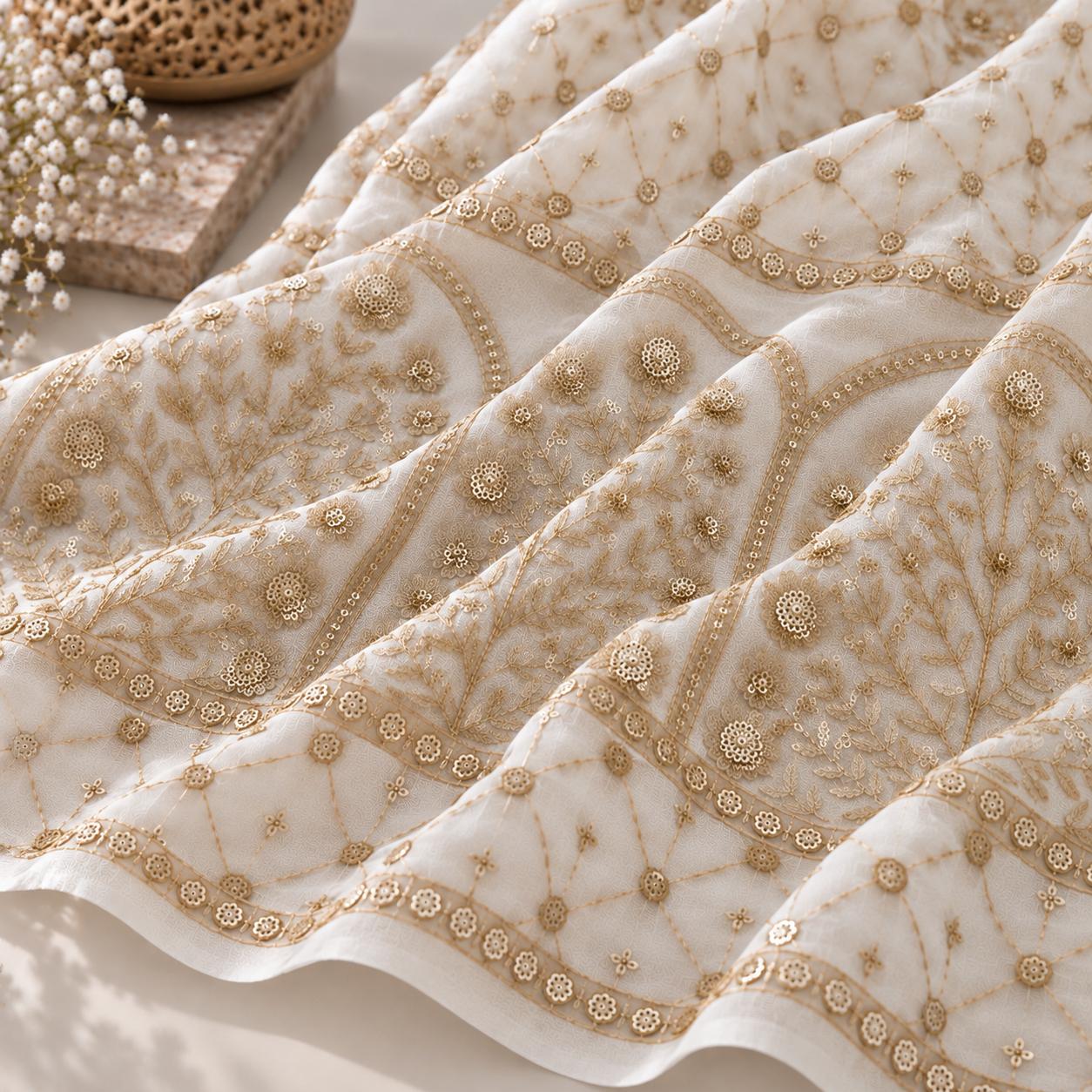 Ivory Gold Floral Embroidered Net Fabric with Arch Motif Border - 54 INCH WIDTH - Image 3