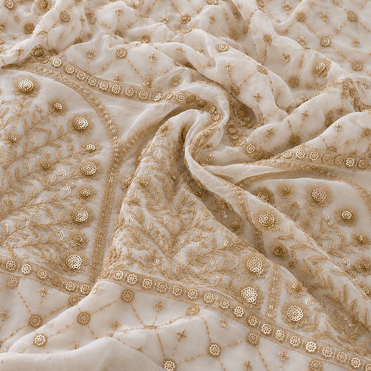 Ivory Gold Floral Embroidered Net Fabric with Arch Motif Border - 54 INCH WIDTH - Image 4