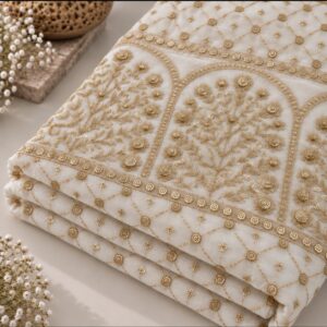 Ivory Gold Floral Embroidered Net Fabric with Arch Motif Border - 54 INCH WIDTH