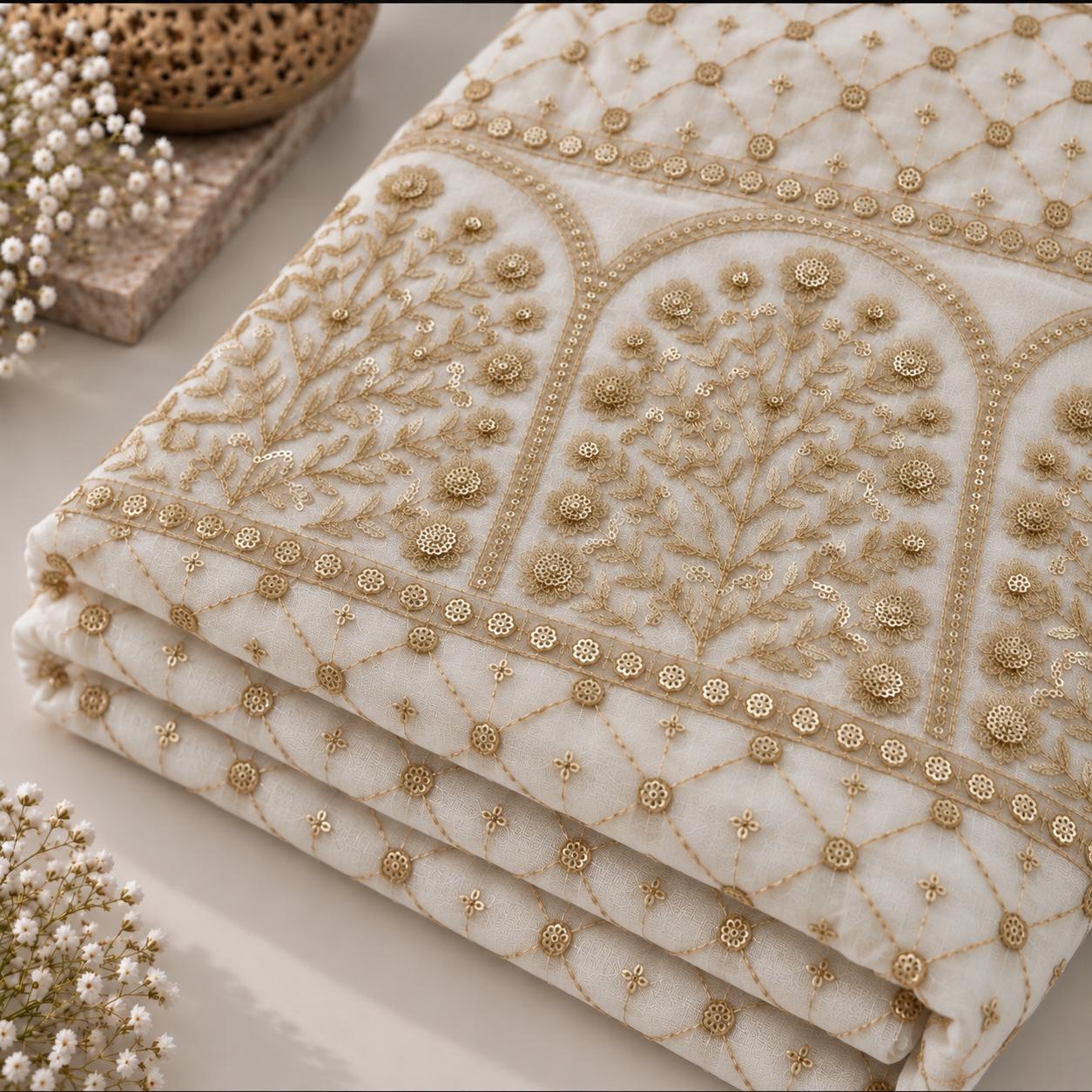 Ivory Gold Floral Embroidered Net Fabric with Arch Motif Border - 54 INCH WIDTH