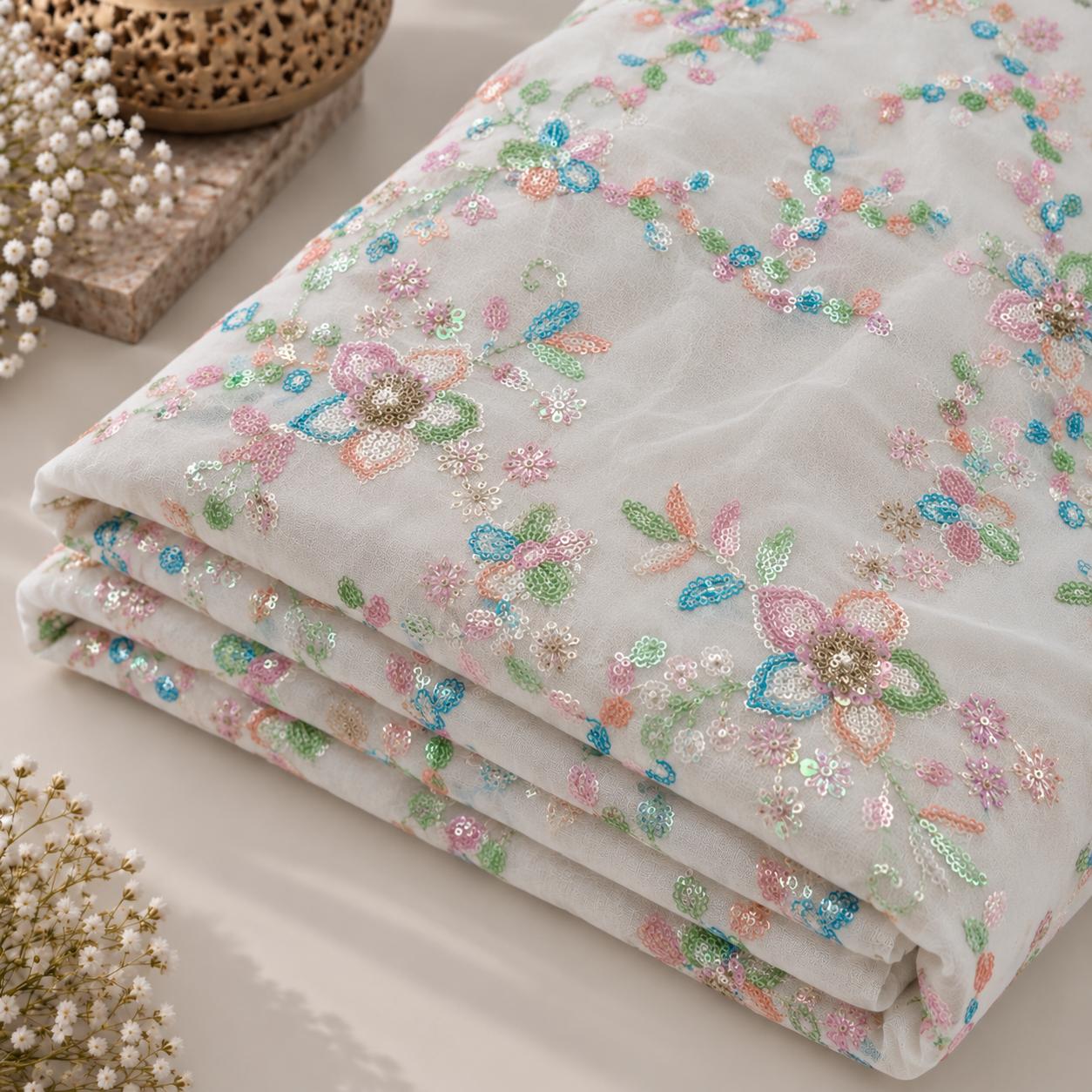Ivory Multicolor Floral Sequin Embroidered Georgette Fabric - 54 INCH WIDTH